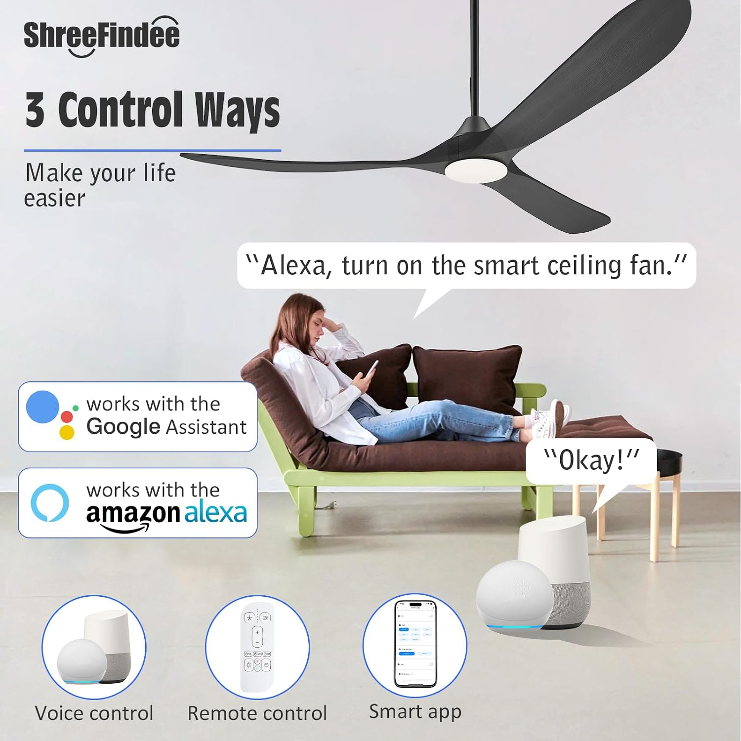 70 Inch Smart Ceiling Fan with Light, 3 Wood Blade Large Black Ceiling Fan with Light, Quiet Reversible DC Motor Ceiling Fans with Remote/Tuya App, Compatible with Alexa Google Home, Indoor & Outdoor