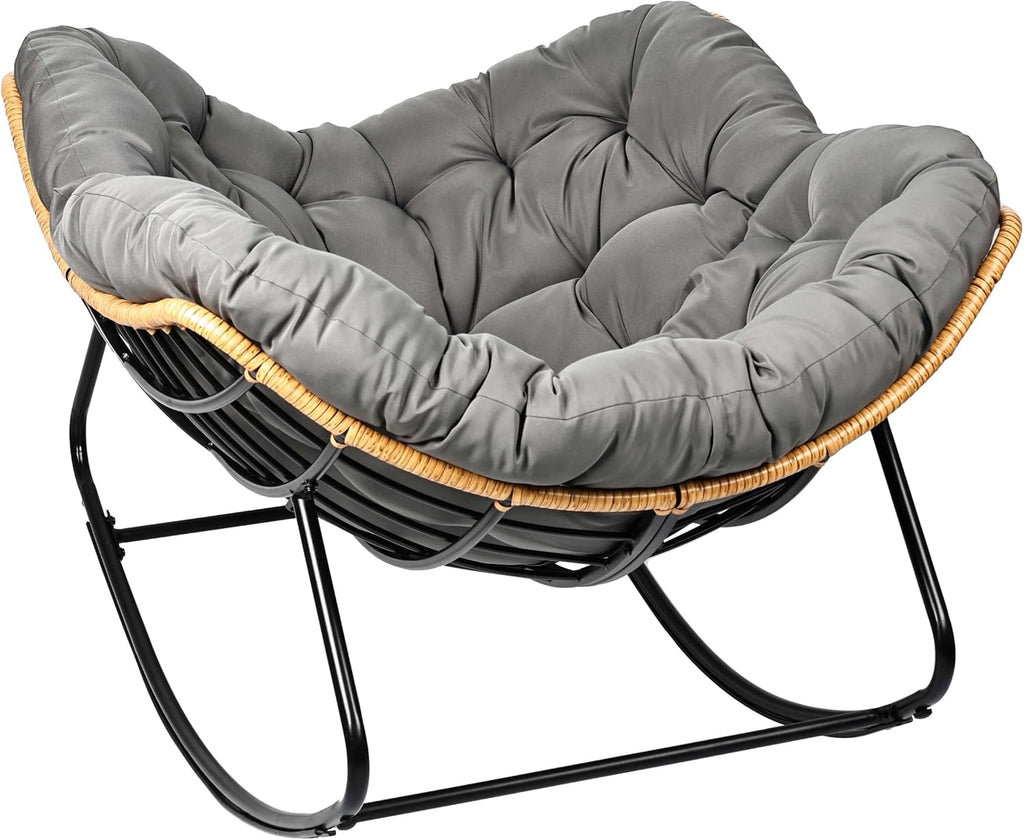 Outdoor Egg Rocking Chair, Indoor Papasan Rocking Chair with Thick Cushion, Modern Lounge Rocker for Balcony, Living Room, Bedroom, Porch, Lawn, Garden (Gray)