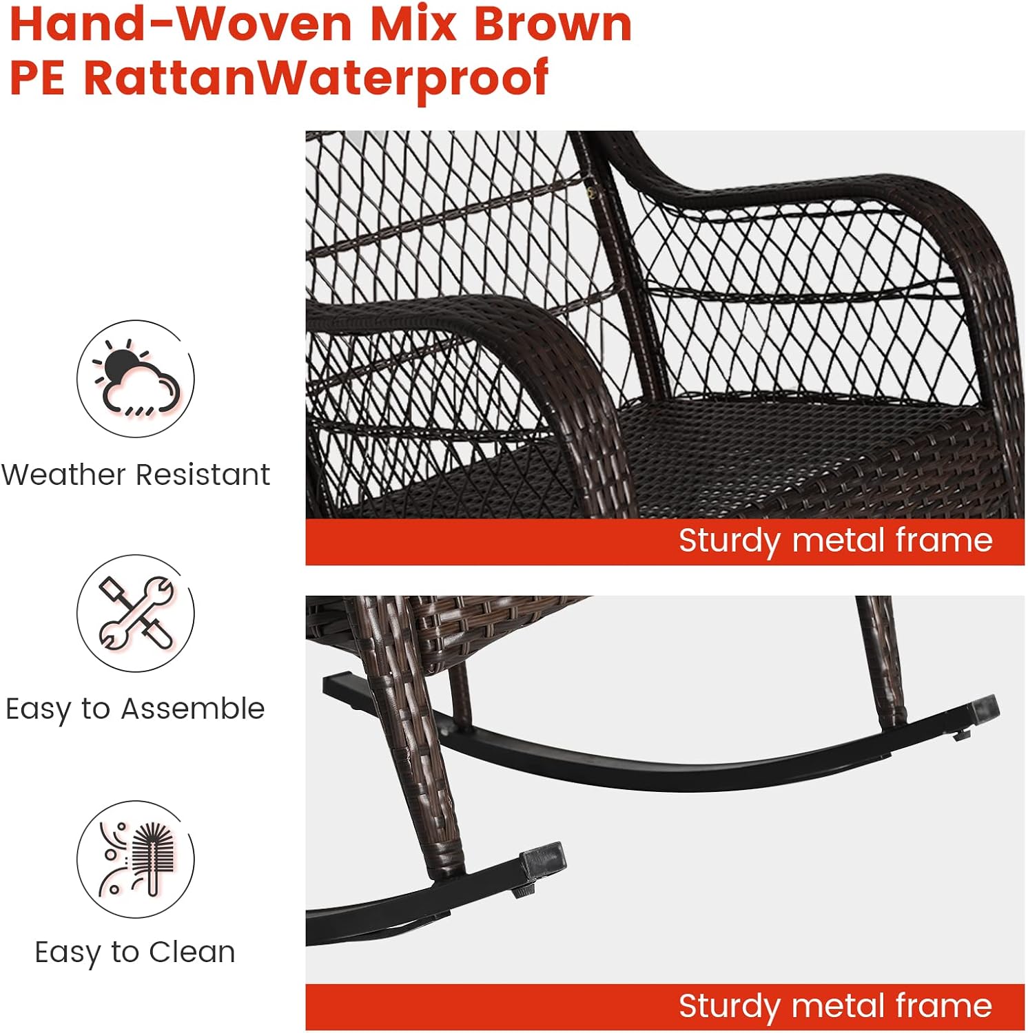 MEDIMALL Outdoor Wicker Rocking Chair, Patio Rattan Rocker w/Lumbar Pillow, Padded Seat & Back Cushions, Metal Frame, Mix Brown Wicker Furniture for Balcony, Porch, Deck, Backyard (Red)