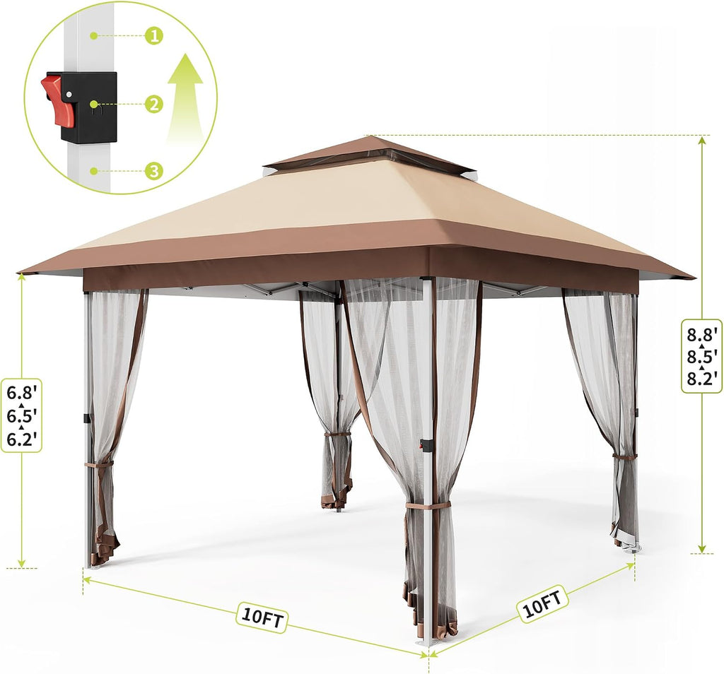 Pop Up Gazebo, 10x10 Outdoor Canopy Tent with Mosquito Netting, Pop Up Canopy Tent with Curtains/Adjustable Height/Wheeled Carrying Bag for Patio Garden Backyard Lawn