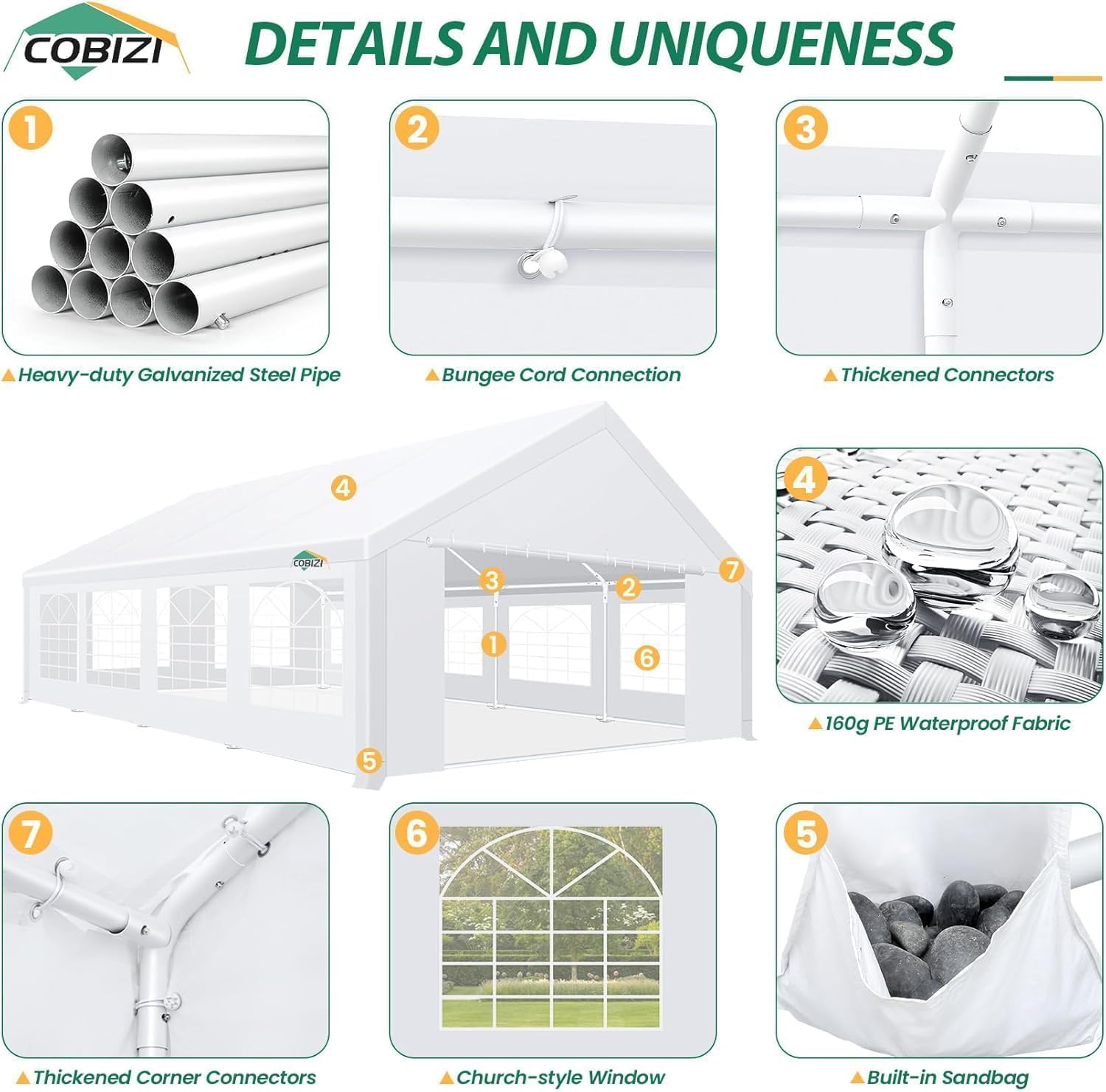 COBIZI 20x30 Heavy Duty Party Tent Outdoor Waterproof Canopy with 12 Church Windows & 8 Sidewalls, Built-in Sandbag, White Powder Coating Commercial Event Shelter Tents for Parties Wedding BBQ Patio
