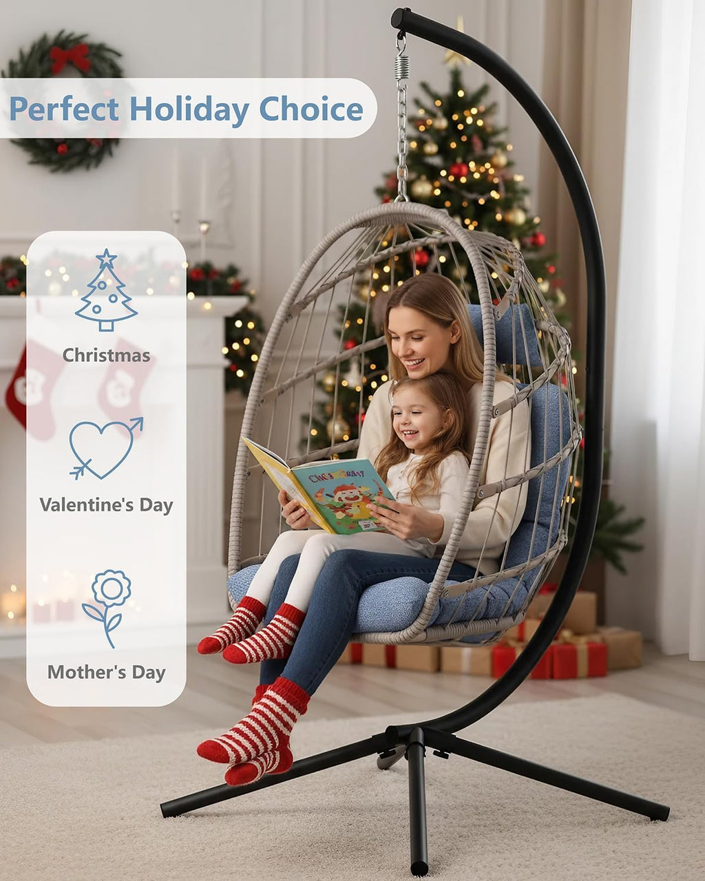 SWITTE Egg Chair Outdoor with Stand, Indoor Wicker Hanging Egg Swing Chair with Cushion, 350lbs Capacity for Patio, Bedroom, Garden - Light Blue