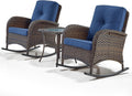 Belord Wicker Porch Rocking Chairs - 3 Pieces Patio Bistro Set High Back Outdoor Rocker Chairs Set with Side Table for Deck Balcony Brown
