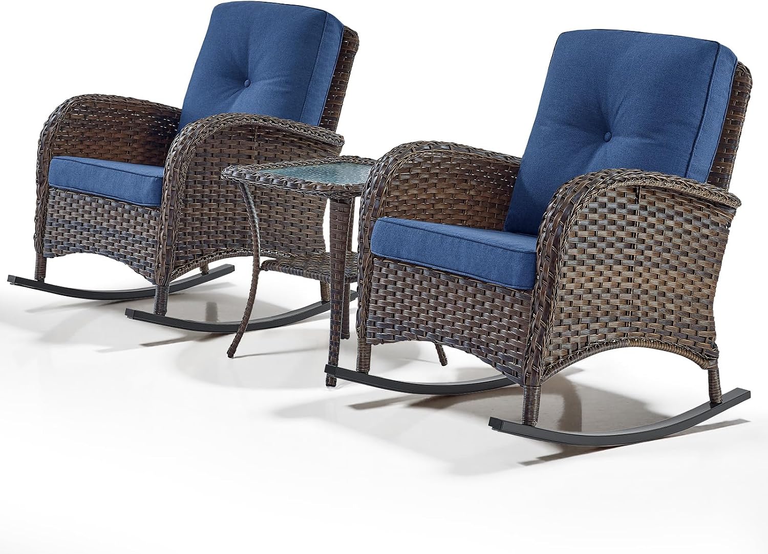 Belord Wicker Porch Rocking Chairs - 3 Pieces Patio Bistro Set High Back Outdoor Rocker Chairs Set with Side Table for Deck Balcony Brown