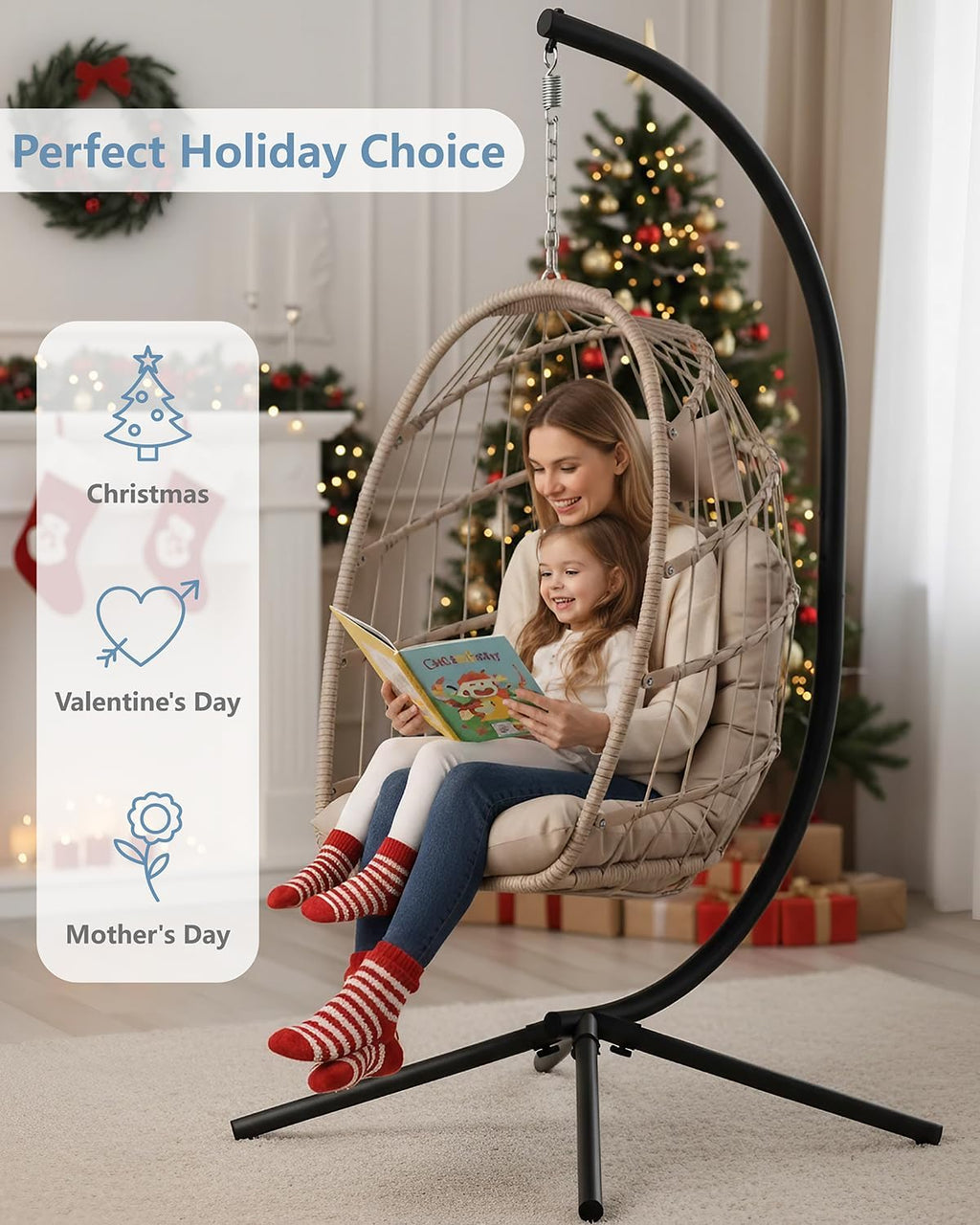 SWITTE Egg Chair Outdoor with Stand, Indoor Wicker Hanging Egg Swing Chair with Cushion, 350lbs Capacity for Patio, Bedroom, Garden - Cream