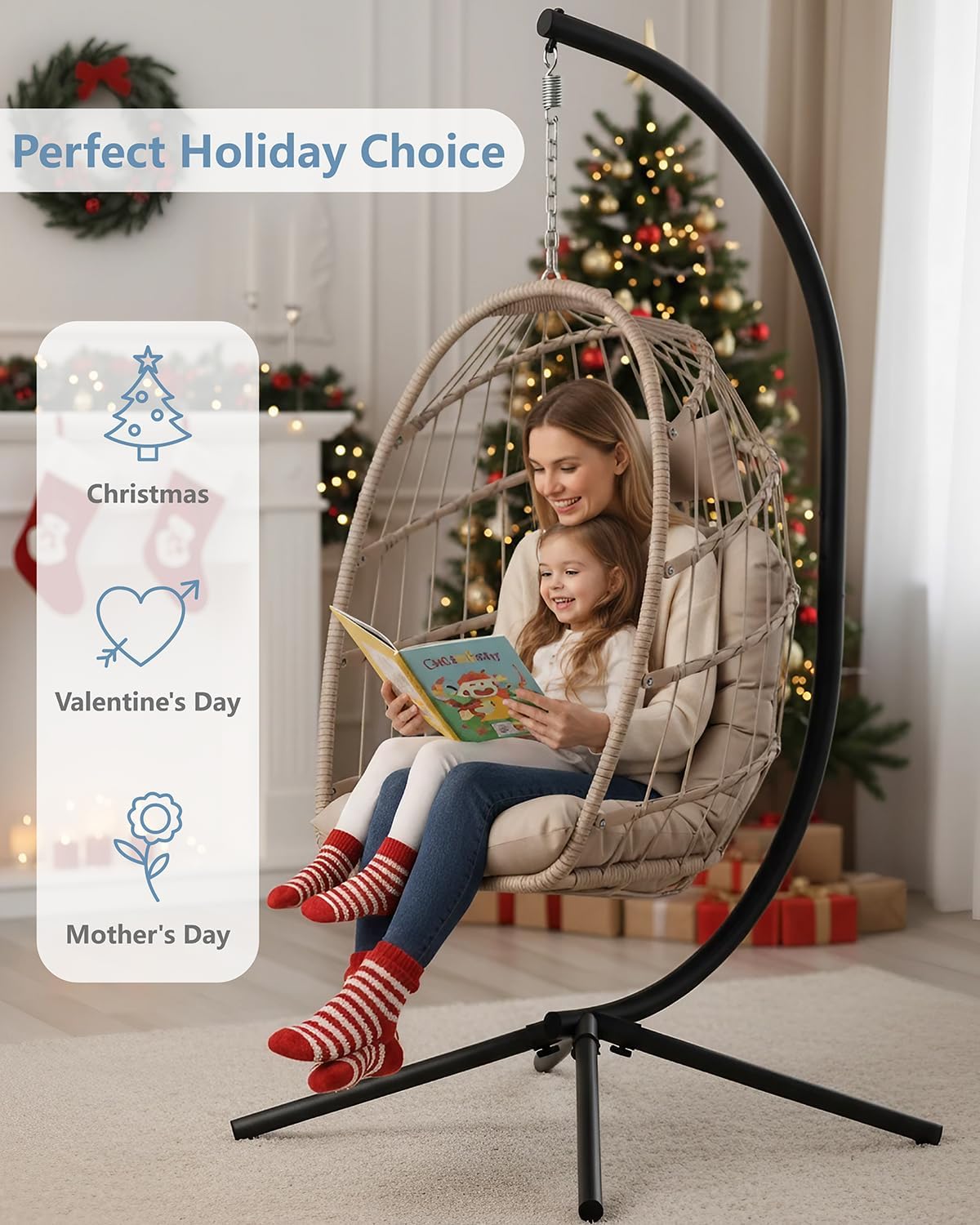 SWITTE Egg Chair Outdoor with Stand, Indoor Wicker Hanging Egg Swing Chair with Cushion, 350lbs Capacity for Patio, Bedroom, Garden - Cream