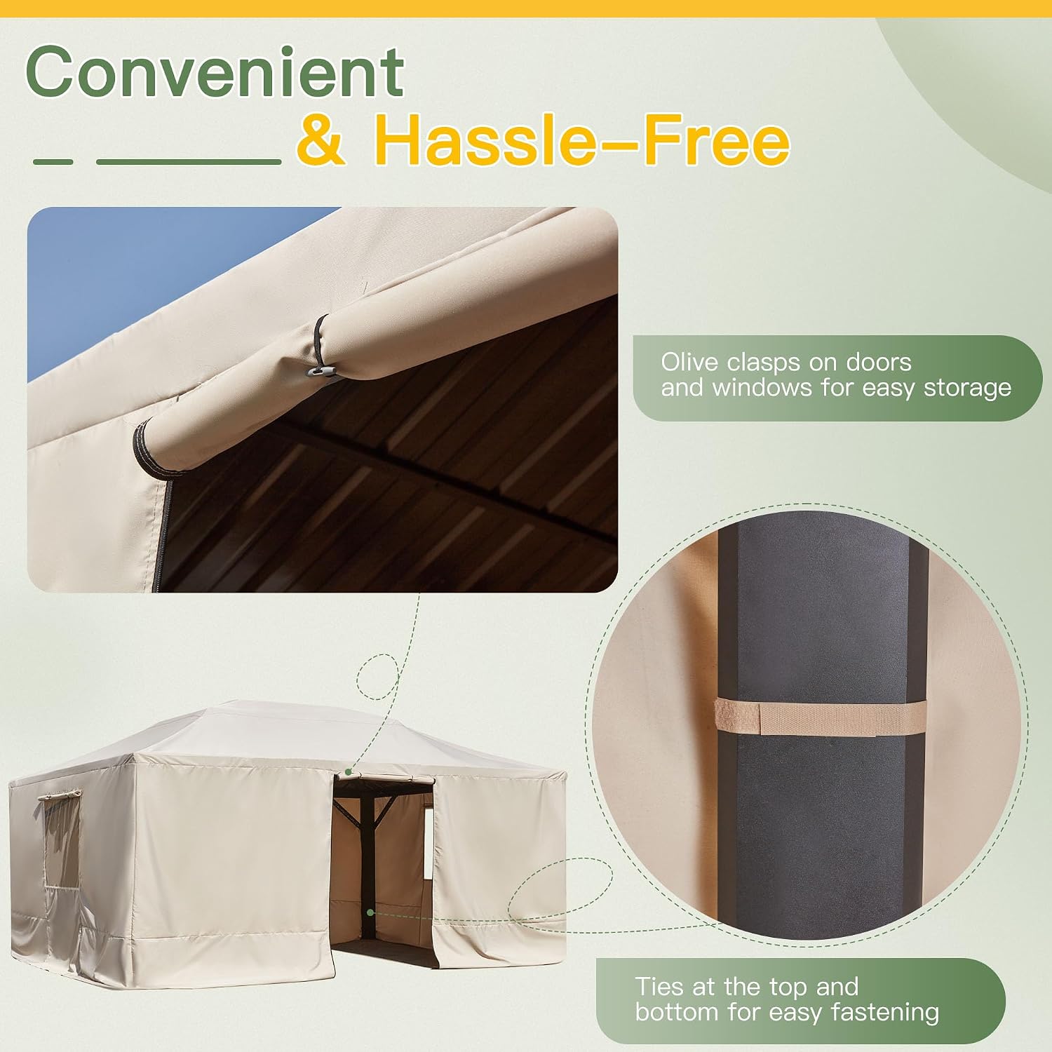 YOLENY Winter Gazebo Cover for 12×16 Hardtop Gazebo, Gazebo Accessories for All Seasons, Transform Your Gazebo for Winter, with Mesh Screens and Doors and Windows (Hardtop Gazebo Not Included), Beige