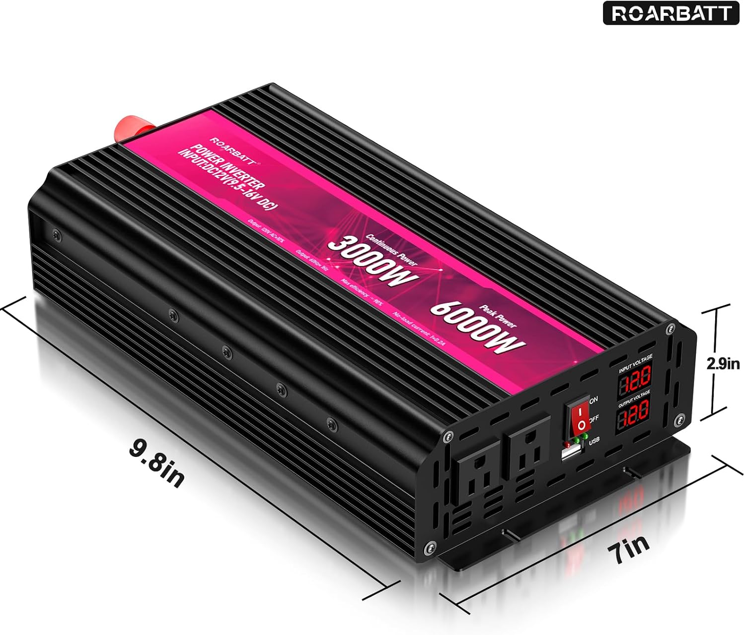 3000W Power Inverter 12V DC to 110V/120V AC, 6000W Peak Car Inverter with 2 AC Outlets, 2.4A USB Port & LCD Display, Portable Backup Power Converter for RV, Truck, Camping, Outdoor & Emergency