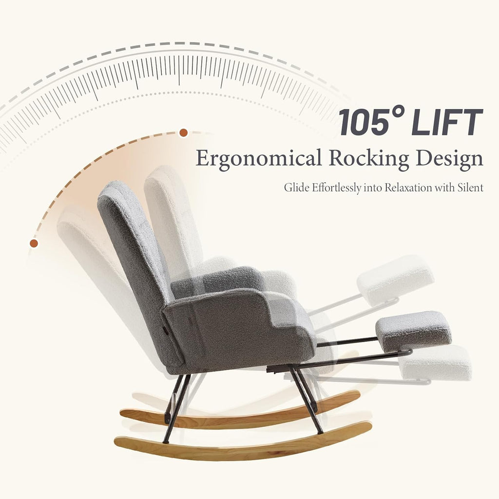 Furniliving Nursery Rocking Chair Upholstered Glider Rocking Chair Modern Accent Chair with Retractable Footrest Reading Chair with High Backrest Comfy Chair for Living Room, Grey, Teddy