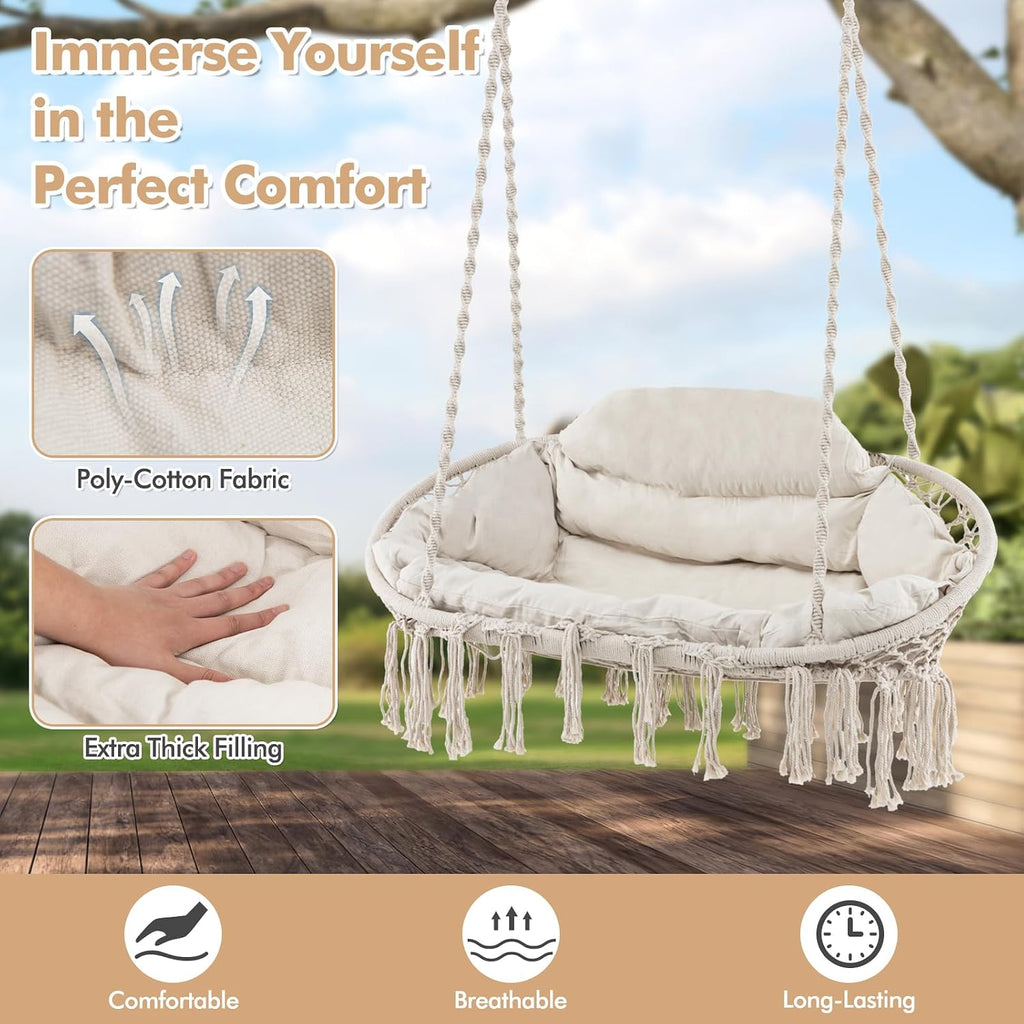 RELAX4LIFE Hammock Macrame Swing Chair - Swinging Chair w/Removable Cushion & Handwoven Tassels, Max 440 LBS, Indoor Outdoor Hanging Chair for Bedroom Patio Porch, Boho Hammock Swing (52 x 26 inch)