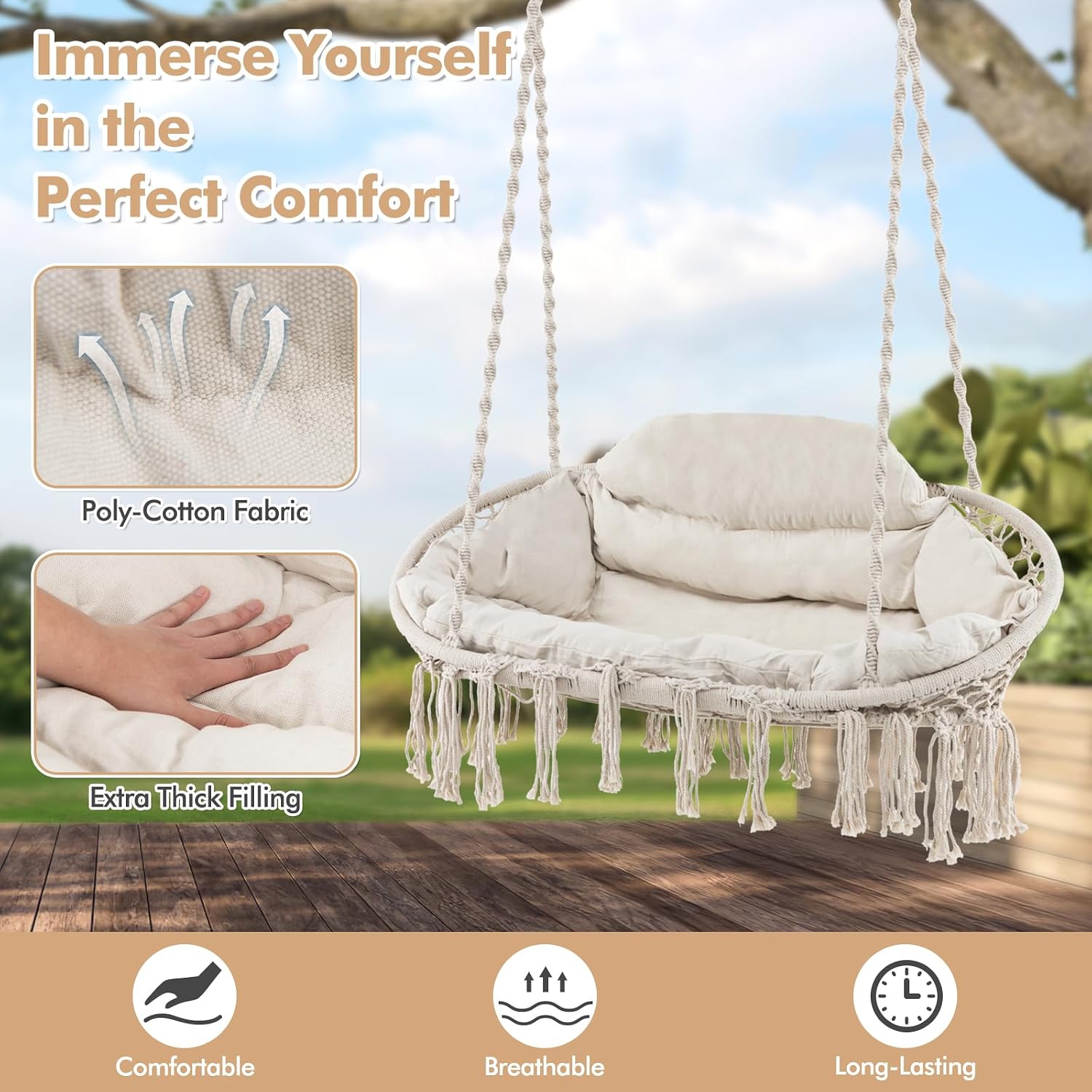 RELAX4LIFE Hammock Macrame Swing Chair - Swinging Chair w/Removable Cushion & Handwoven Tassels, Max 440 LBS, Indoor Outdoor Hanging Chair for Bedroom Patio Porch, Boho Hammock Swing (52 x 26 inch)
