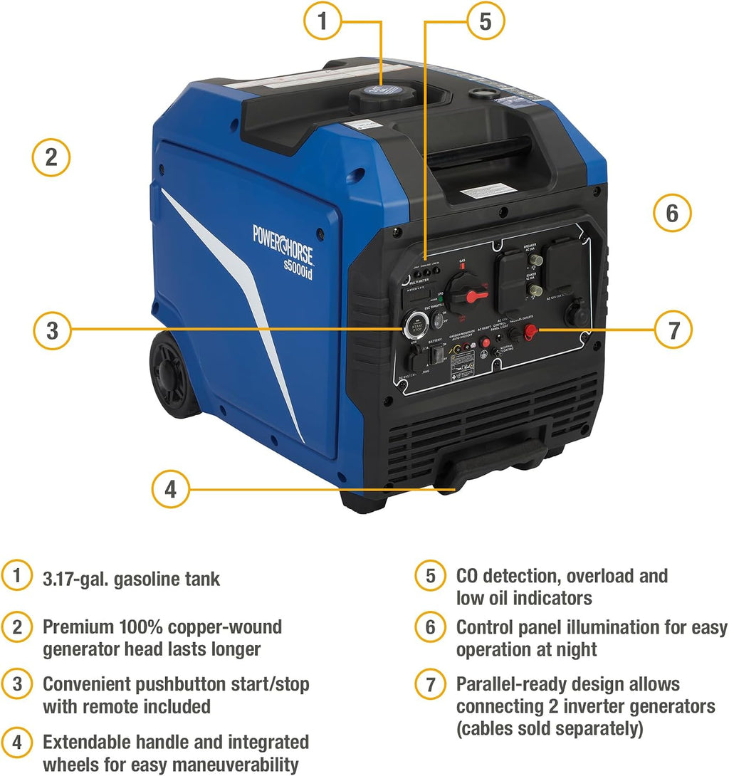 Powerhorse Inverter Generator, 5000 Surge Watts, 4000 Rated Watts, 120V, 58dB Quiet Run, Dual Fuel, CO Shutdown