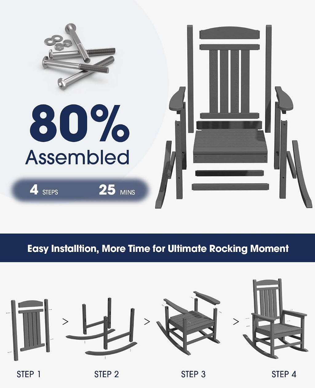 KINGYES Oversized Outdoor Rocking Chair with Cushion, All-Weather Patio Rocking Chairs, HDPE Porch Rocker for Adults, 350 lbs Capacity, Grey Chair with Beige Cushion