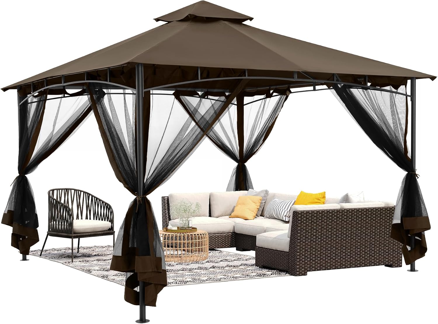 HAPPATIO Patio Gazebo 12' X 12', Ventilated Double Roof & Mosquito Netting, Outdoor Gazebo with Metal Frame, Soft Top Canopy for Backyard, Deck, Poolside, Brown