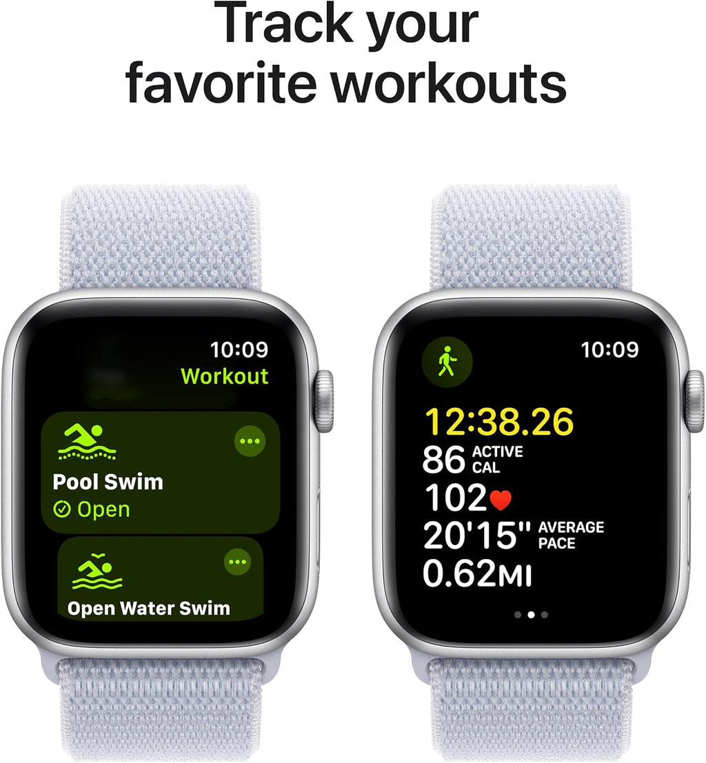 Apple Watch SE (2nd Gen) [GPS 44mm] Smartwatch with Silver Aluminum Case with Winter Blue Sport Loop. Fitness & Sleep Tracker, Crash Detection, Heart Rate Monitor, Carbon Neutral