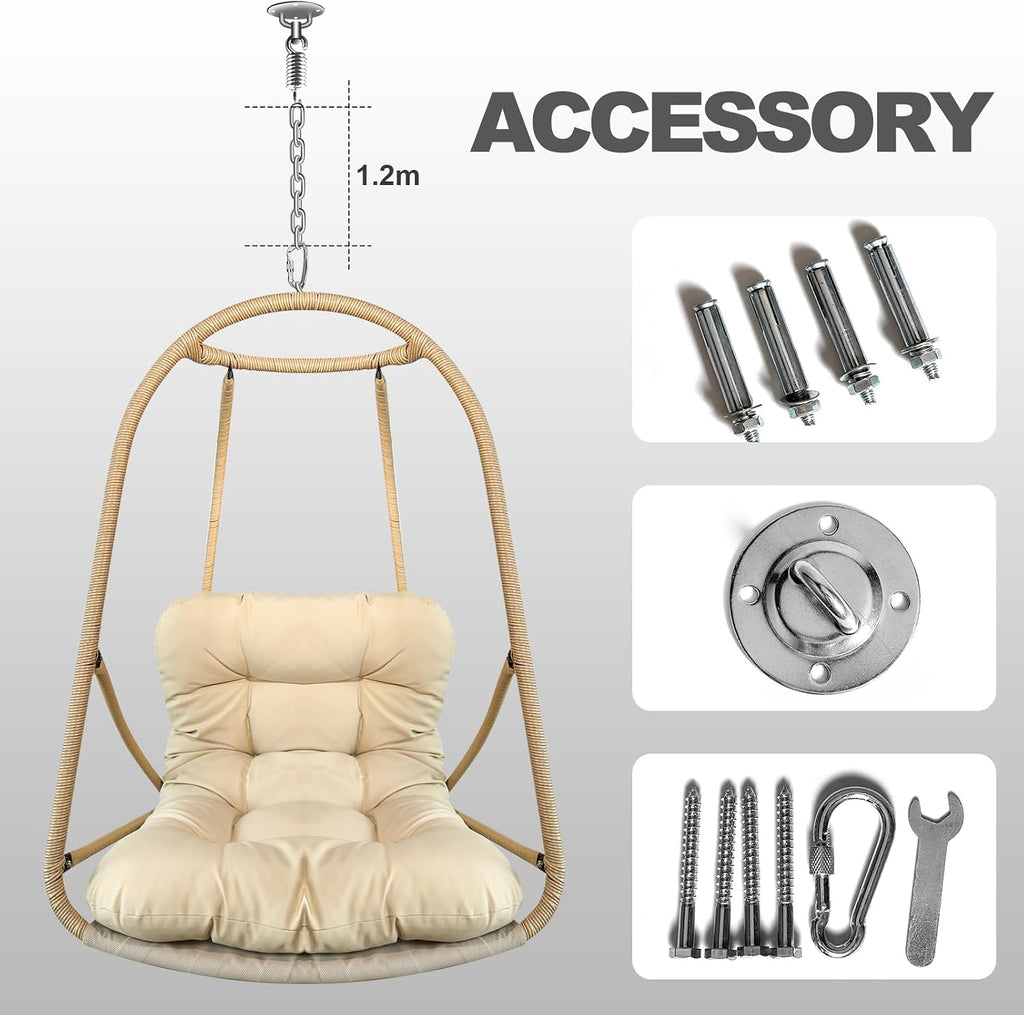 JESE Swing Egg Chair Foldable Frame Hanging Chairs, UV Resistant Waterproof Cushion and Cup Holder,Swing Hammock Chairs for Patio,Bedroom,Balcony, Garden-350lbs, No Stand, Brown