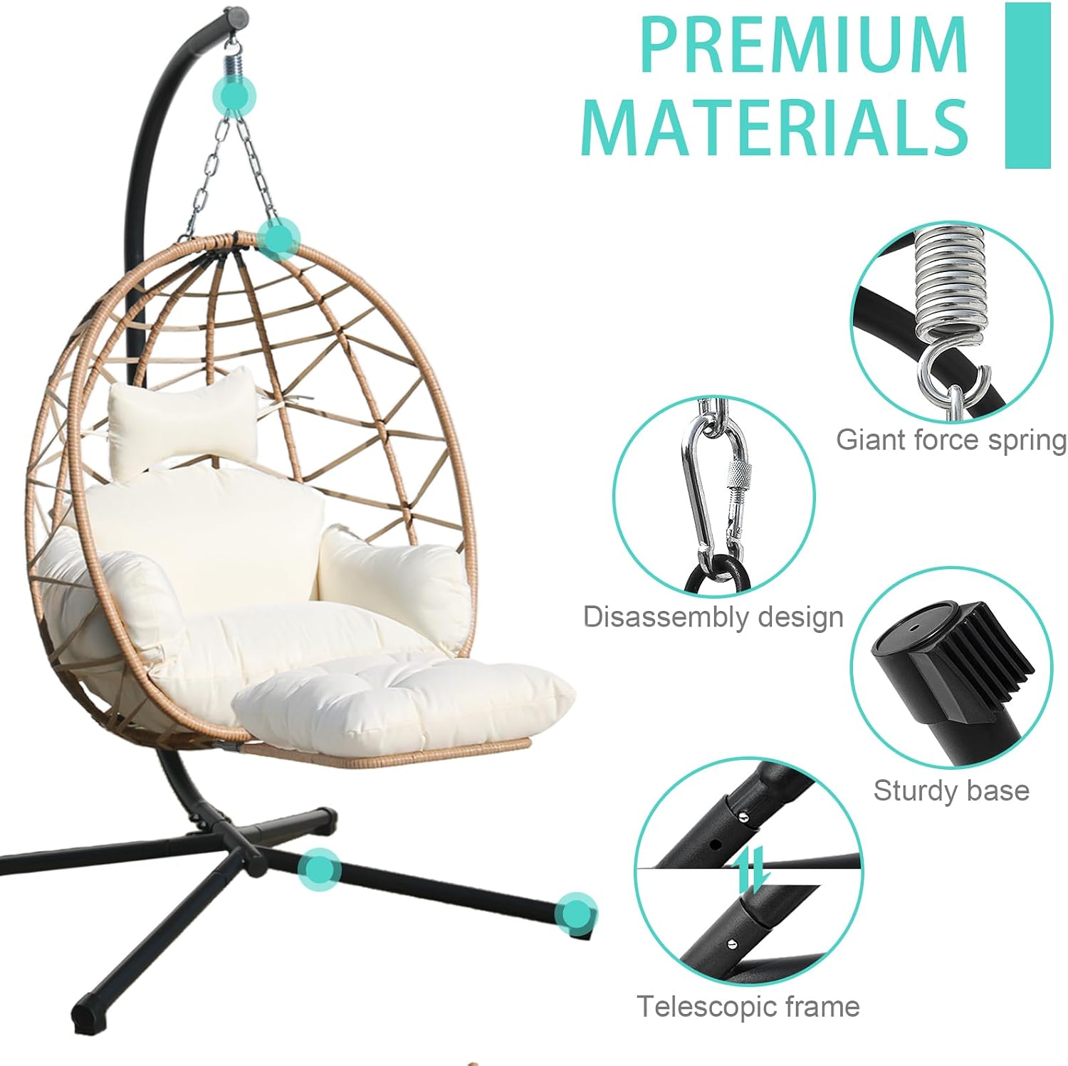 Hanging Egg Chair with Leg Stand, Indoor/Outdoor Swing Egg Chair Hammock Basket Seat Chair with Cushion for Porch Balcony Garden Patio (Ribbon+Rattan, Yellow+White)