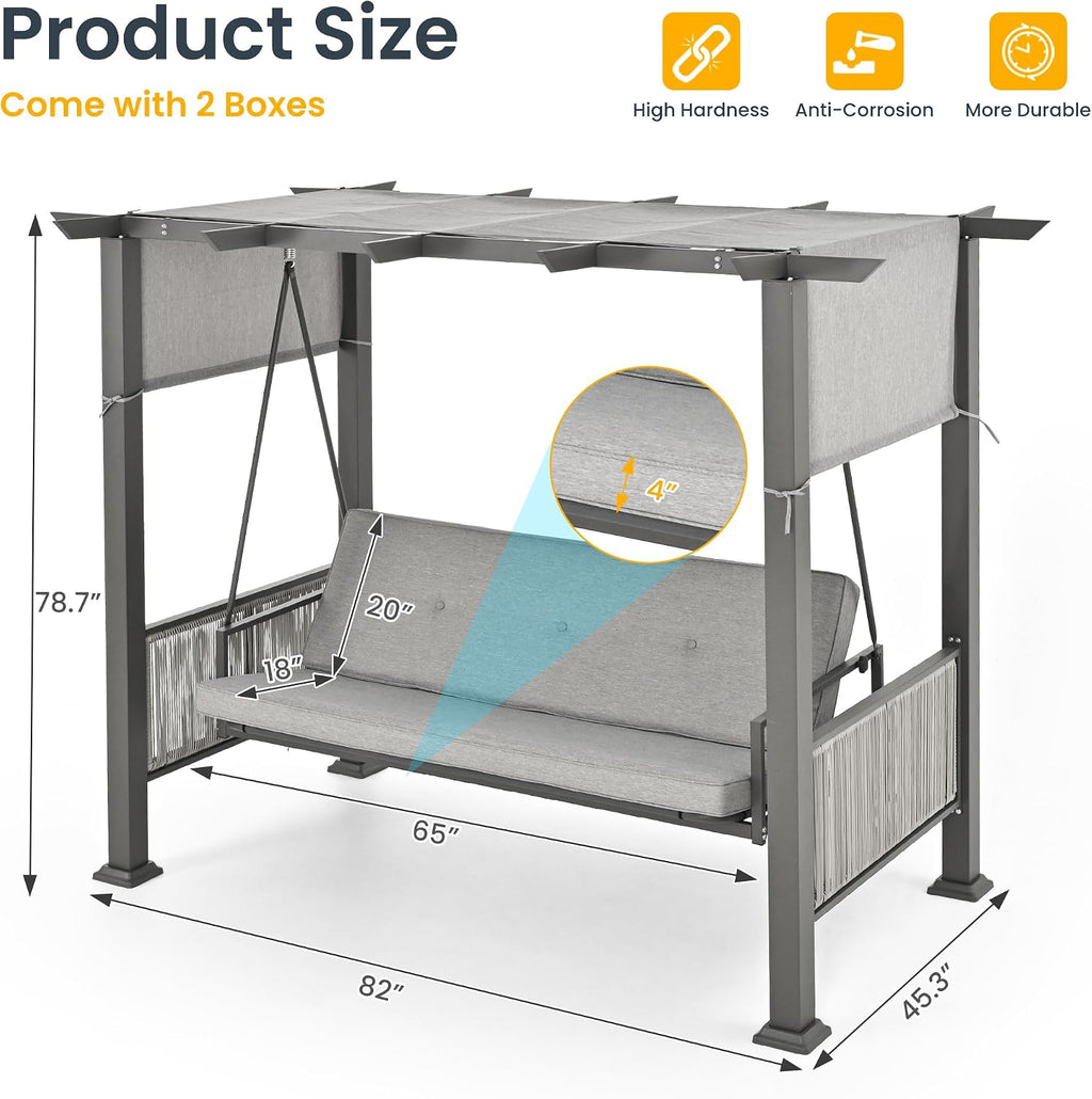 Pamapic 3-Seat Porch Swing with Stand, 990 LBS 2 in 1 Convertible Bed Patio Swings with Canopy Adjustable, Wicker Side Panel Swing Chair Outdoor with Cushion for Backyard, Porch, Garden (Gray)
