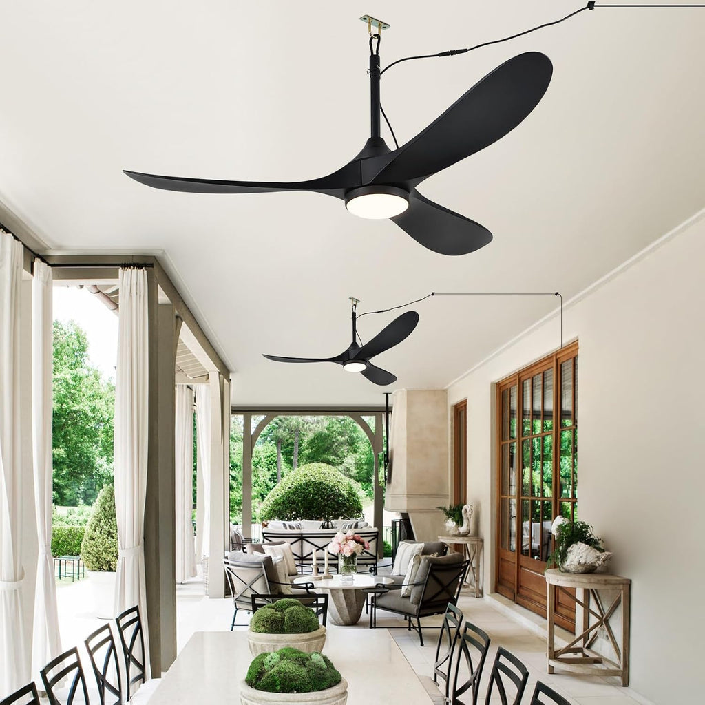 Outdoor Ceiling Fan with Light Waterproof - Plug in Hanging Hook for Patio, Porch, Gazebo - 42 inch Wet Rated Weatherproof Exterior Black 3 Blades Ceiling Fan with Remote