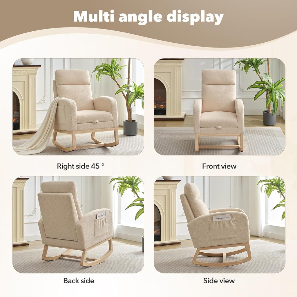 Rocking Chair Nursery Chairs with Foot Rest, Recliner Armchair with High Backrest& Wood Legs and Side Pocket for Living Room,Bedroom,Beige