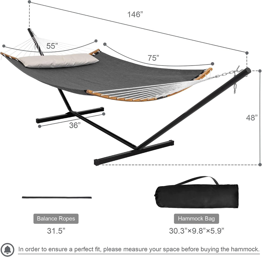 Double Hammock with Stand, Quick Dry Hammock with 12FT Stand for Outside, Poolside, 450 Lbs Capacity, Dark Grey