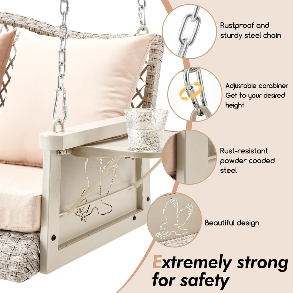 ZZW Upgraded Wicker Hanging Porch Swing Heavy Duty 900 LBS 3-Seat Outdoor Patio Swing Chair Bench for Adult w/ 8.9ft Hanging Chains Cushions and Cup Holder