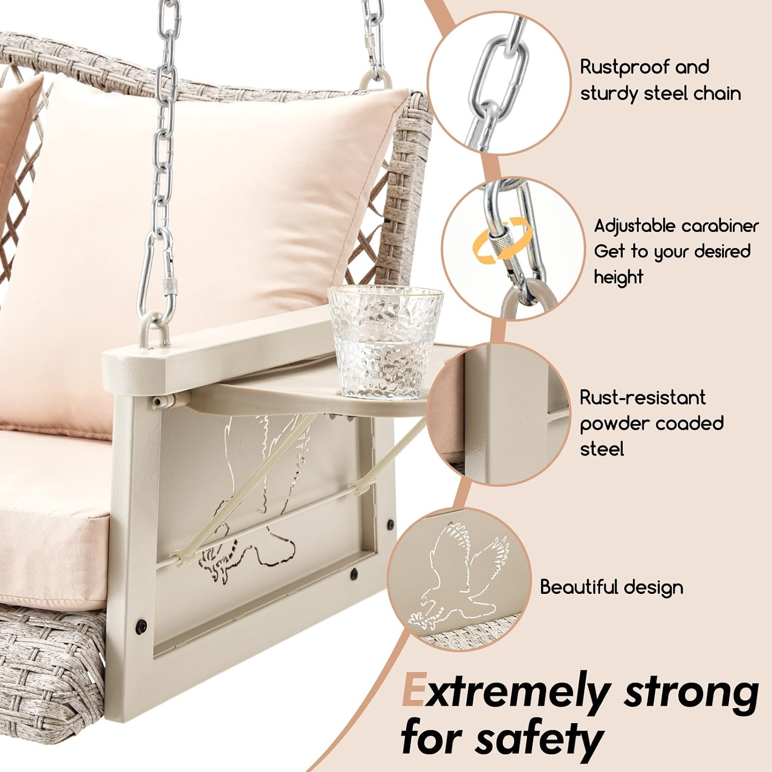 ZZW Upgraded Wicker Hanging Porch Swing Heavy Duty 900 LBS 3-Seat Outdoor Patio Swing Chair Bench for Adult w/ 8.9ft Hanging Chains Cushions and Cup Holder