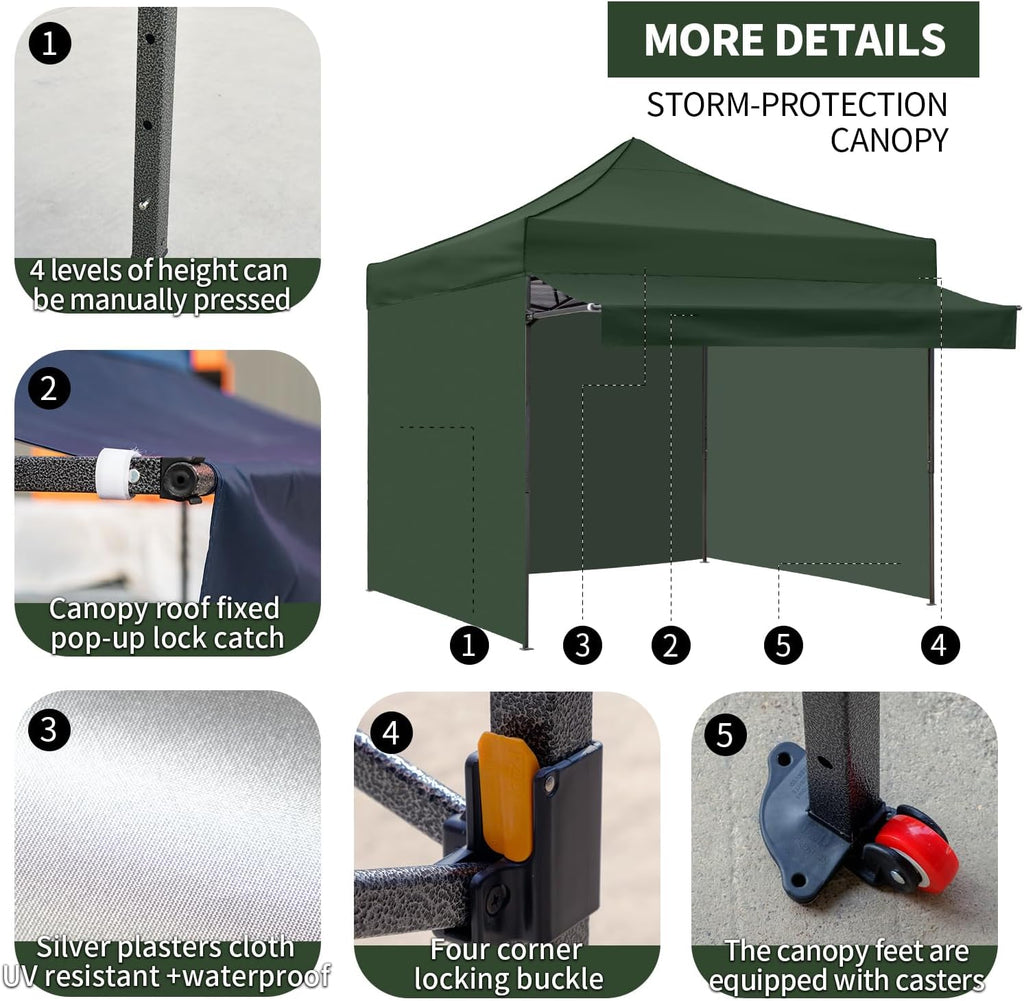 10x10 Pop up Canopy Tent with Awning Easy up Canopy with Wheel Bag Heavy Duty Waterproof Canopy Commercial Gazebo Tent for Outdoors Parties Vendors(Dark Green