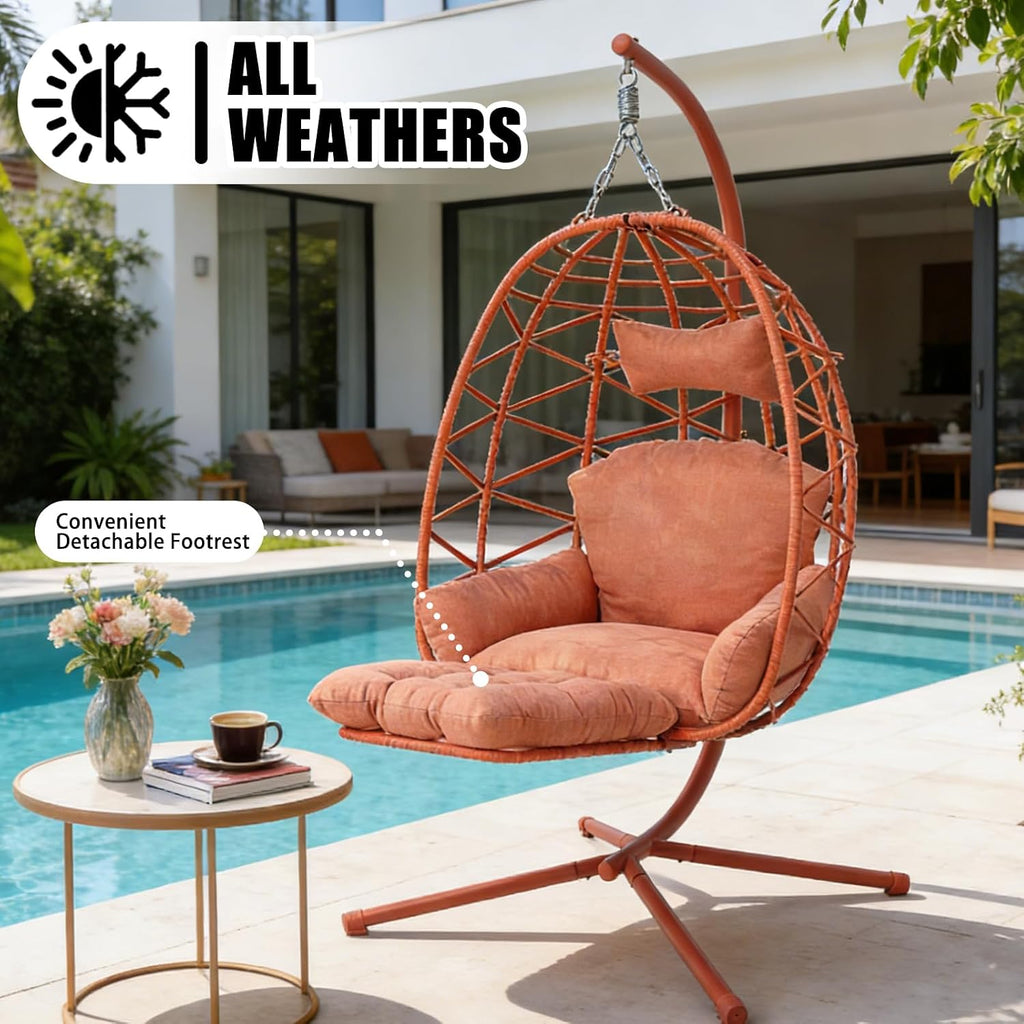 Hanging Egg Chair with Stand & Leg Rest,Rattan Wicker Swing Chair with Cushion,Patio Basket Hanging Chair Wicker Hammock Chair for Indoor Outdoor Bedroom Garden,300LBS (Orange-Red Rattan&Cushion)