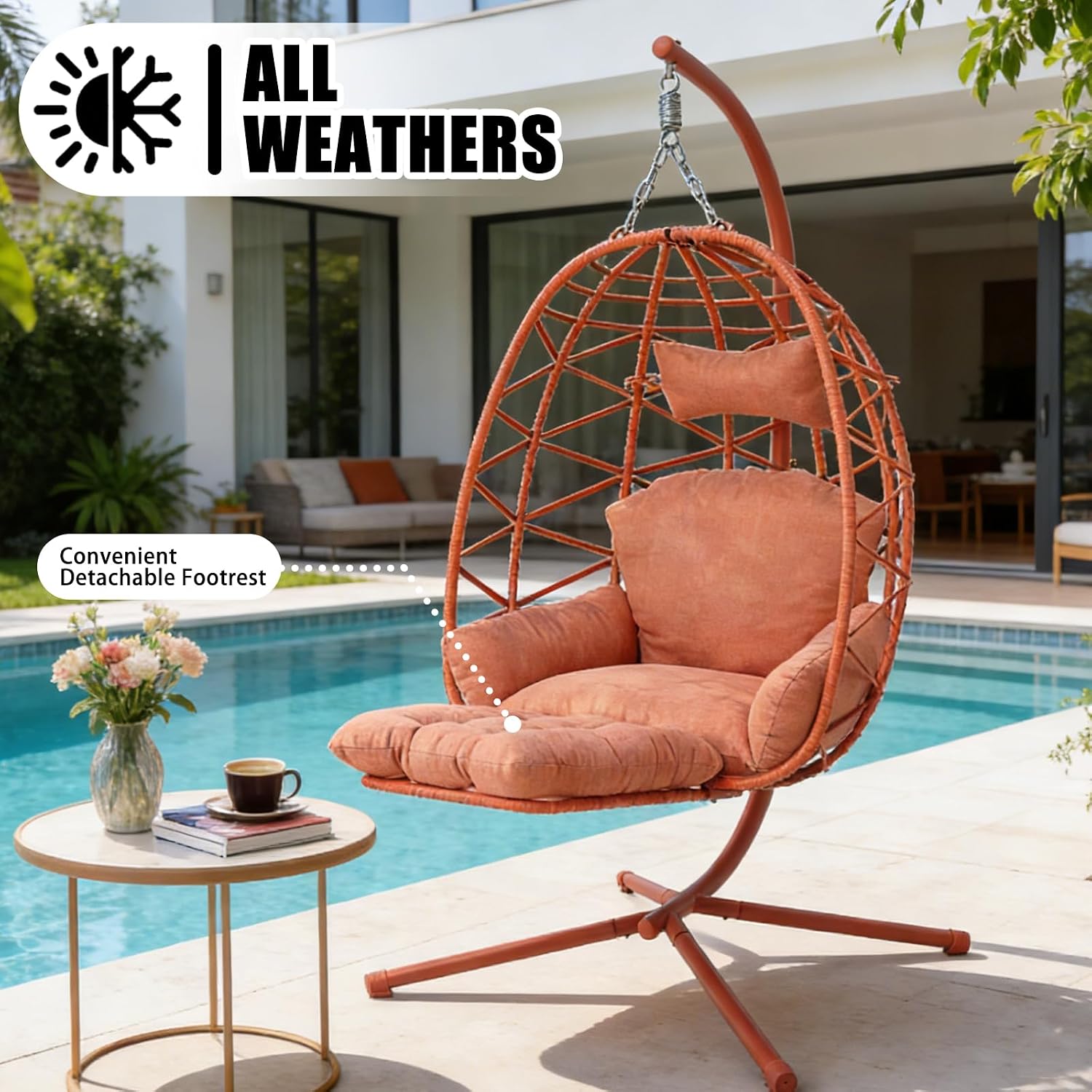 Hanging Egg Chair with Stand & Leg Rest,Rattan Wicker Swing Chair with Cushion,Patio Basket Hanging Chair Wicker Hammock Chair for Indoor Outdoor Bedroom Garden,300LBS (Orange-Red Rattan&Cushion)