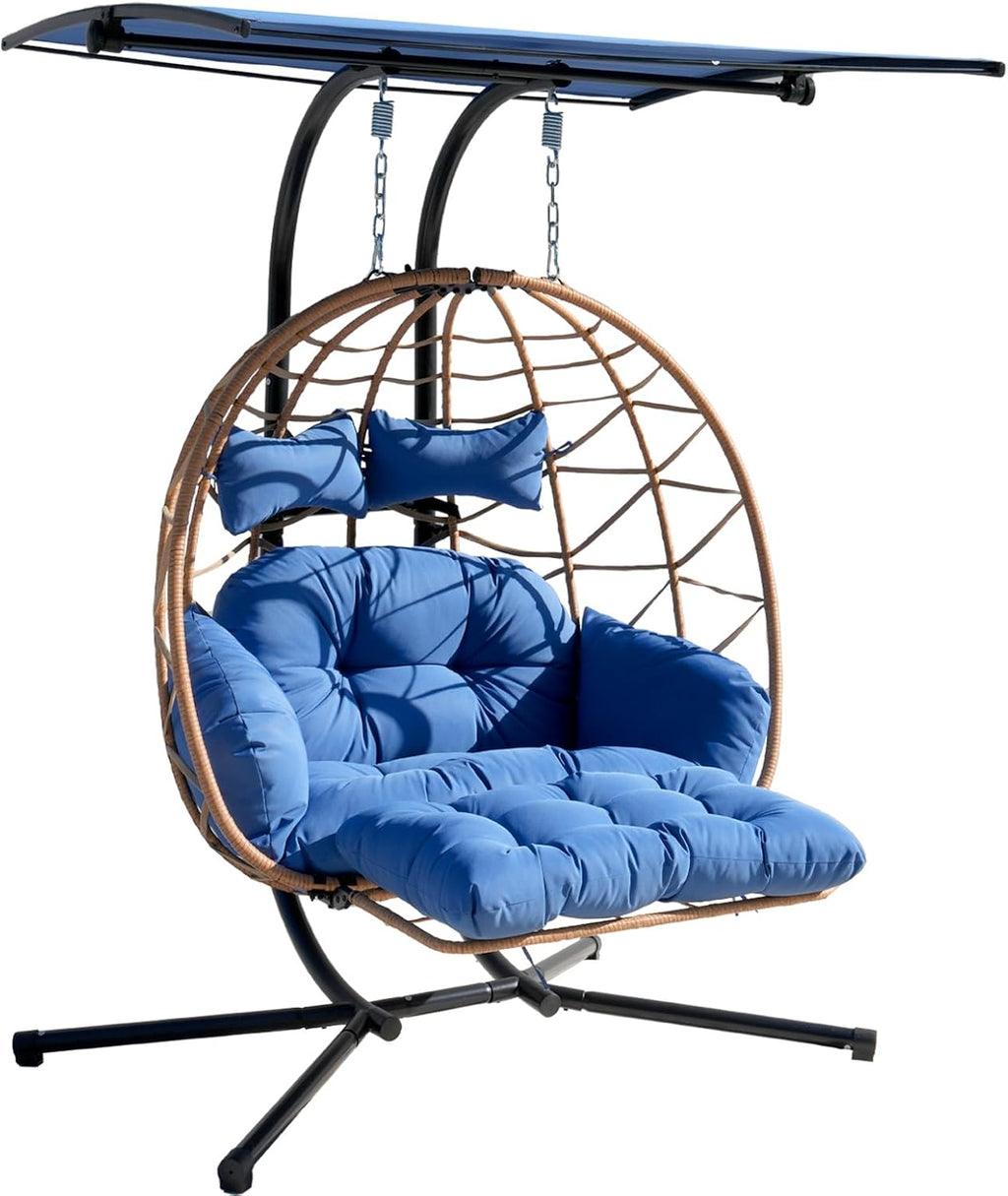 Double Egg Chair with Foldable Stand/Adjustable Canopy 2 Person Outdoor Hammock Swing Chair UV Resistant Removable Cushions for Outdoor Patio Balcony Garden (Blue)