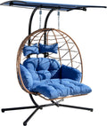 Double Egg Chair with Foldable Stand/Adjustable Canopy 2 Person Outdoor Hammock Swing Chair UV Resistant Removable Cushions for Outdoor Patio Balcony Garden (Blue)