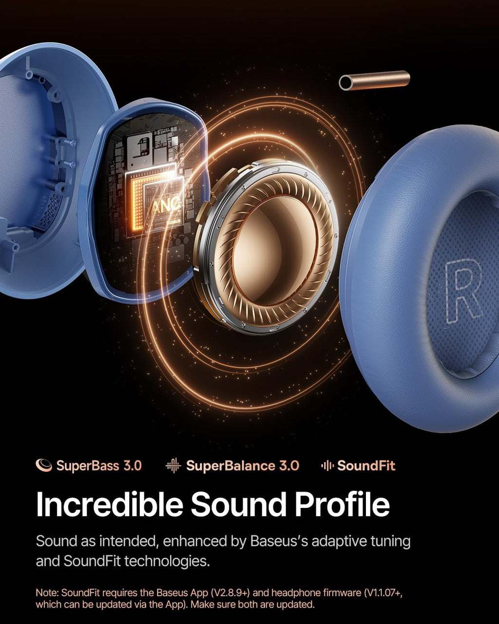 Baseus Inspire XH1 Adaptive Active Noise Cancelling Headphones, Sound by Bose, Dolby Audio, Premium Real-Time Adaptive ANC, Adaptive Tuning Rich Sound, Hi-Res Audio, 100H Playtime -Twilight Blue