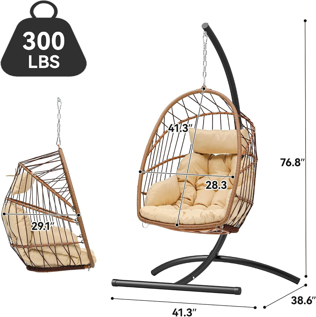 YITAHOME Hanging Egg Chair, Outdoor Patio Wicker Hammock Egg Chair Indoor with Cushion, Rattan Swing Chair 300lbs for Balcony, Garden Bedroom, Beige with Stand