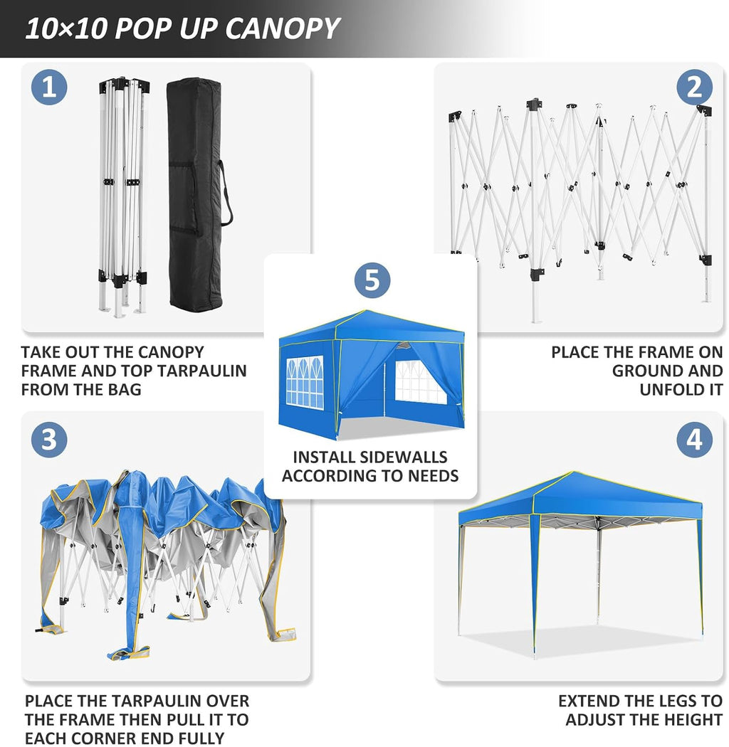 COBIZI 10x10 Pop Up Canopy with 4 Removable Sidewalls, Canopy Tent for Parties Waterproof Wedding Event Shelter, Instant Outdoor Gazebos with Church Window,Carry Bag,4 Stakes,Ropes & Sandbags, Blue