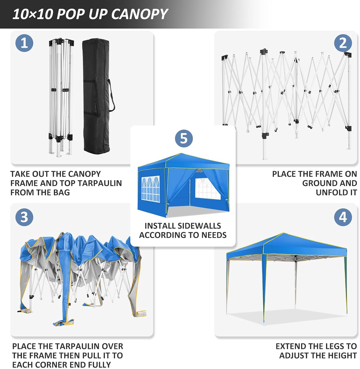 COBIZI 10x10 Pop Up Canopy with 4 Removable Sidewalls, Canopy Tent for Parties Waterproof Wedding Event Shelter, Instant Outdoor Gazebos with Church Window,Carry Bag,4 Stakes,Ropes & Sandbags, Blue