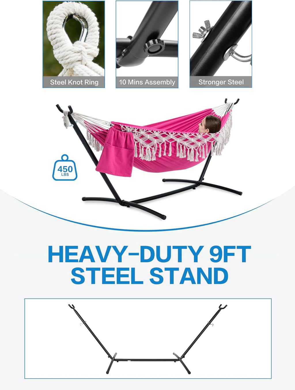 PNAEUT Handmade Tassel Hammocks, Double Hammock with Stand for Outside, Max 450 lbs Capacity, Pillow & Storage Bag Included (Pink)