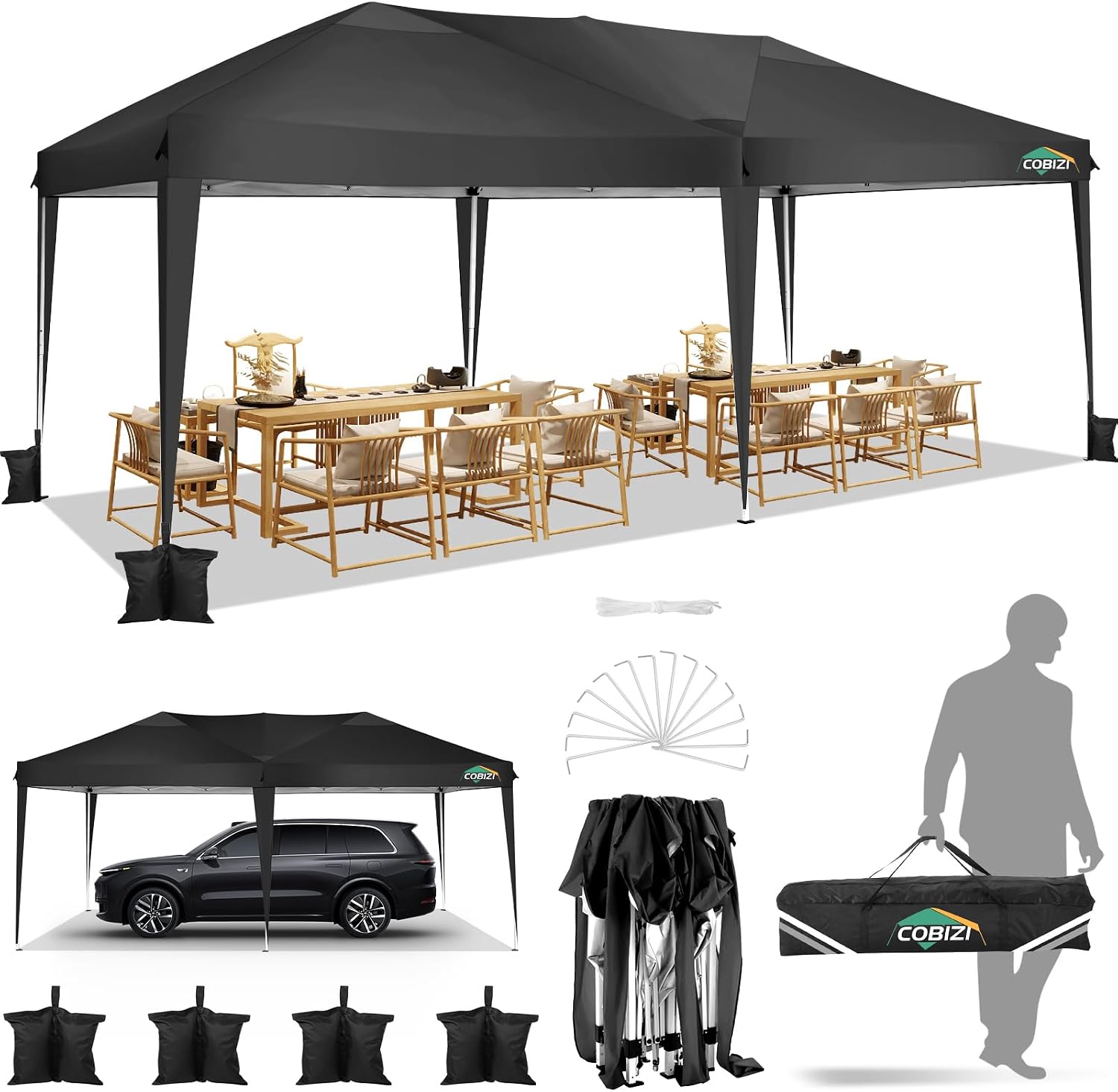COBIZI Canopy 10x20 Pop Up Canopy Tent 10x20ft Waterproof Party Tent Ez Up for Parties Wedding Outdoor Commercial Event Gazebo Portable Instant for Backyard Camping Carport, Black