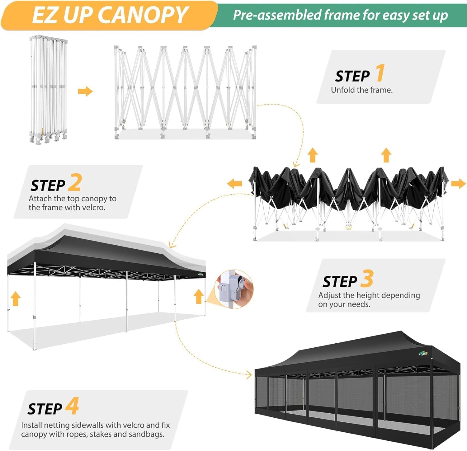 COBIZI 10x30 Pop Up Canopy with Sidewalls, Heavy Duty Canopy with Mosquito Netting, Easy up Screen Party Tents for Parties Backyard Outdoor Commercial Event Gazebo with Roller Bag, Sandbags, Black