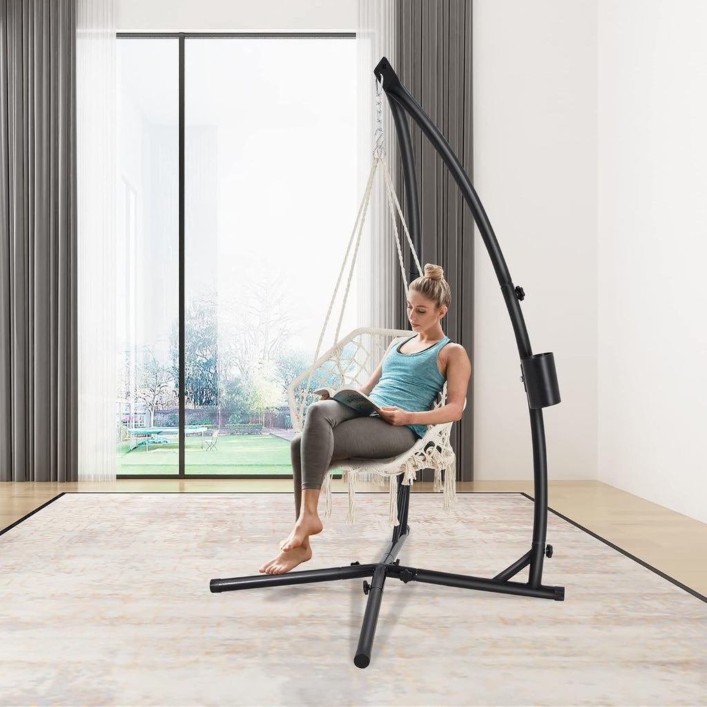 Eusuncaly Hanging Hammock Chair Stand Swing Chair Stand for Indoor/Outdoor,C-Type Solid Steel Heavy Duty Hammock Chair Stand,Weight Capacity 440 Lbs Hanging Chair Stand Only Black AD333