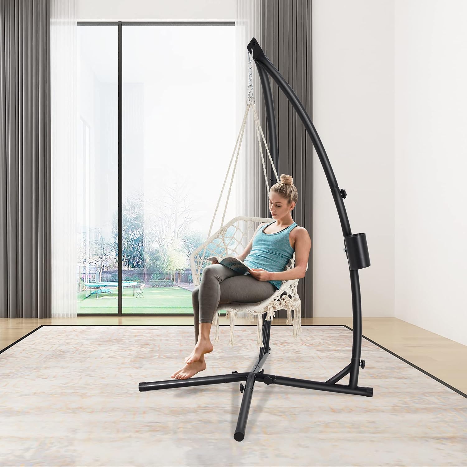Eusuncaly Hanging Hammock Chair Stand Swing Chair Stand for Indoor/Outdoor,C-Type Solid Steel Heavy Duty Hammock Chair Stand,Weight Capacity 440 Lbs Hanging Chair Stand Only Black AD333
