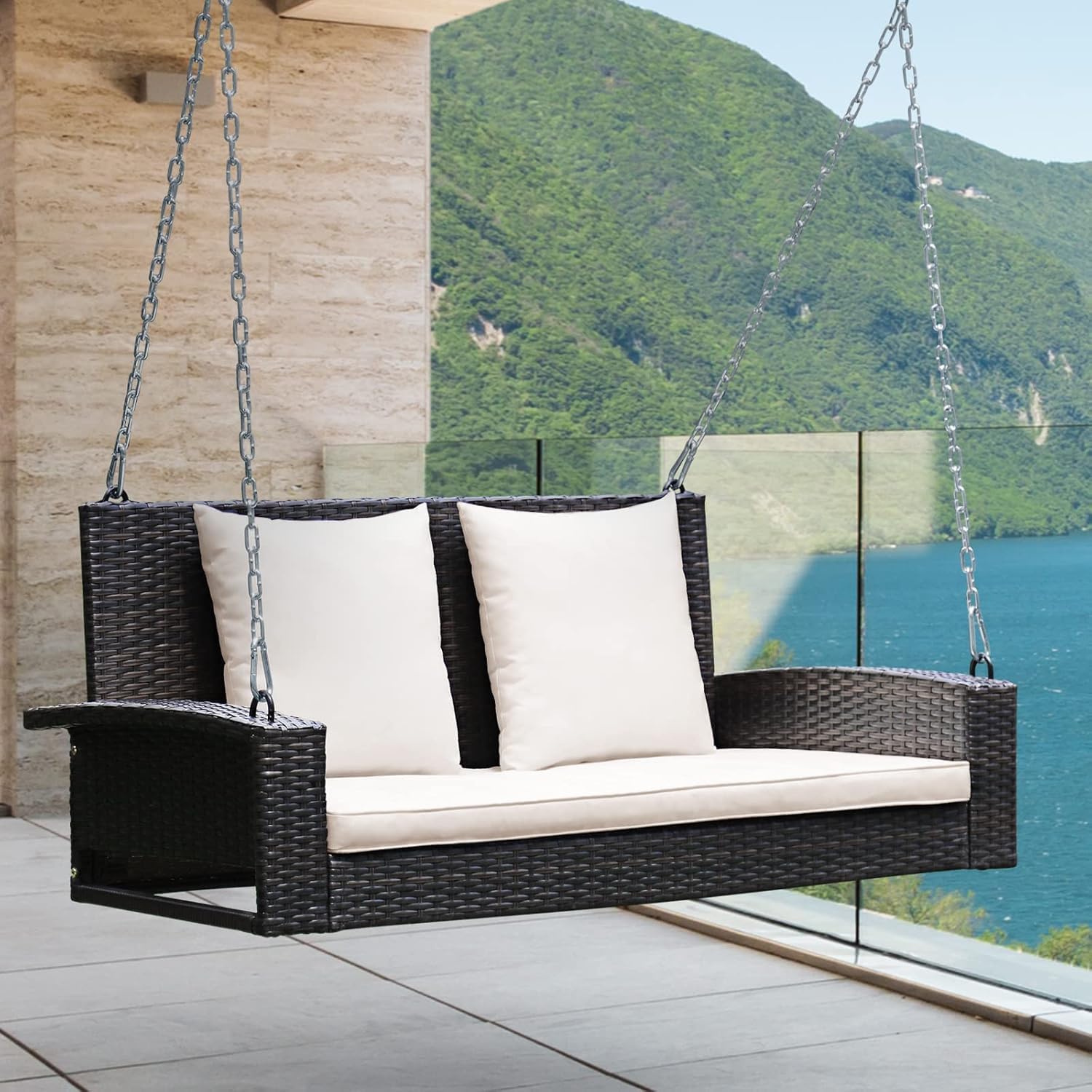 RELAX4LIFE 2-Seat Rattan Porch Swing, Wicker Outdoor Swings w/7.9 Ft Solid Metal Chain, Back & Seat Cushions for Garden Backyard, 800LBS Max Load, 2-Person Patio Swing, Beige & Black Cushion Covers