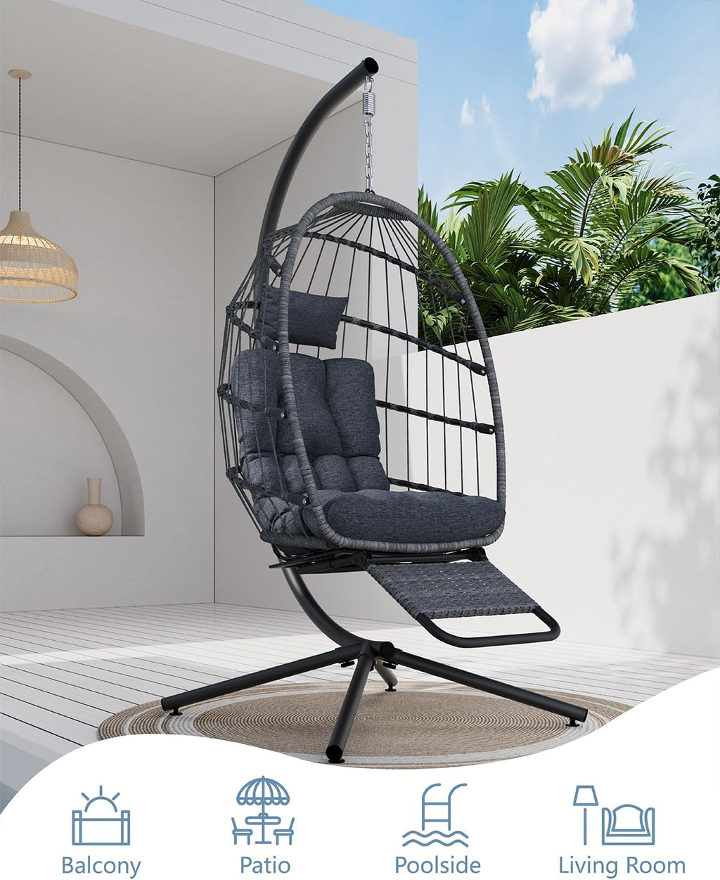 SWITTE Egg Chair Outdoor with Footrest & Stand, Indoor Wicker Hanging Egg Swing Hammock Chair with Cushion for Patio, Bedroom, Garden - Charcoal