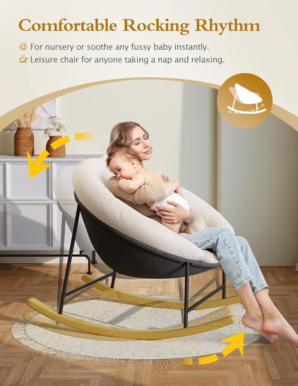 Kidirect Wide Rocking Chair Nursery, Comfy Saucer Nursery Rocking Chairs with Removable Cushion, Indoor Papasan Nursing Chair for Breastfeeding, Mecedora Para Adultos for Living Room & Bedroom (Cream)