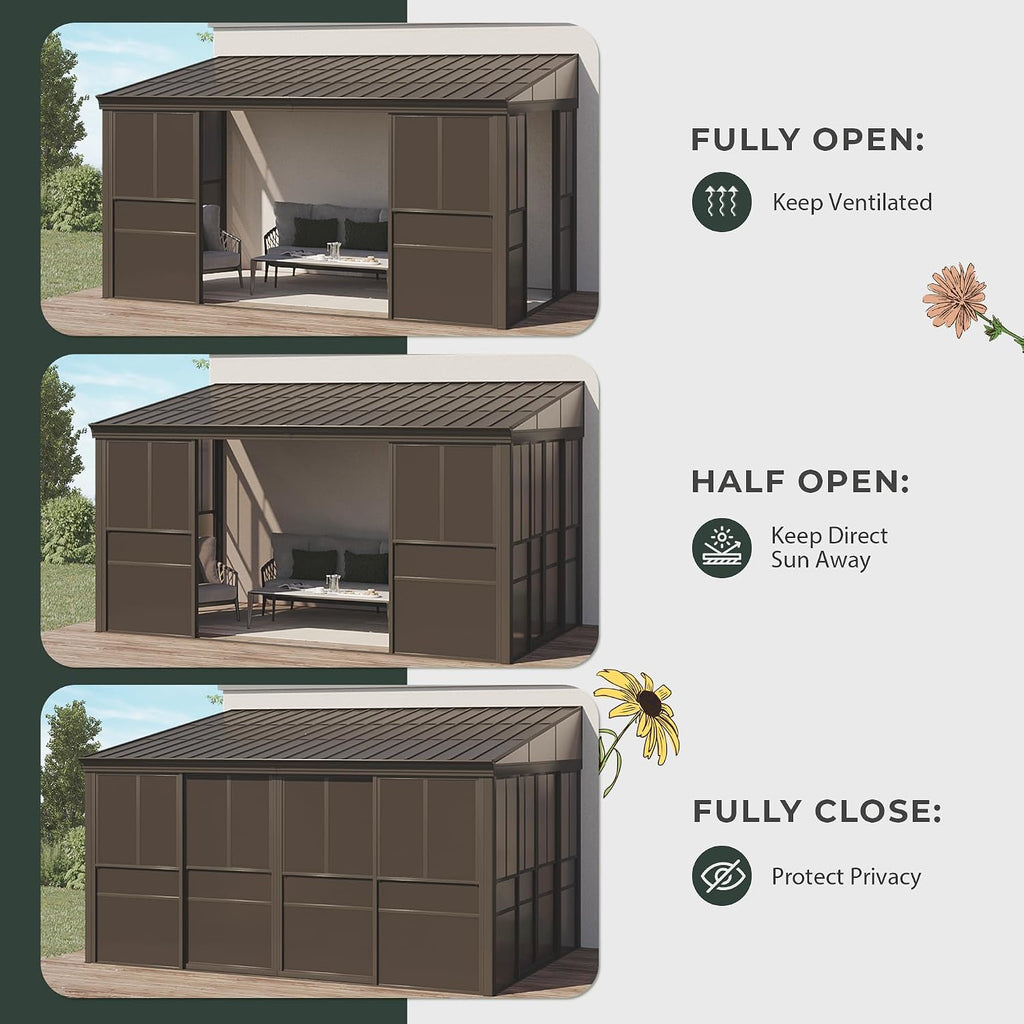 YOLENY 10x14FT Wall Mounted Sunroom, Gazebo Solarium with Front Door, Both Side Entrance, Galvanized Steel Sloping Roof, Removable PC Screen, Outdoor Permanent Sun Room Lean to Gazebo for Deck Patio