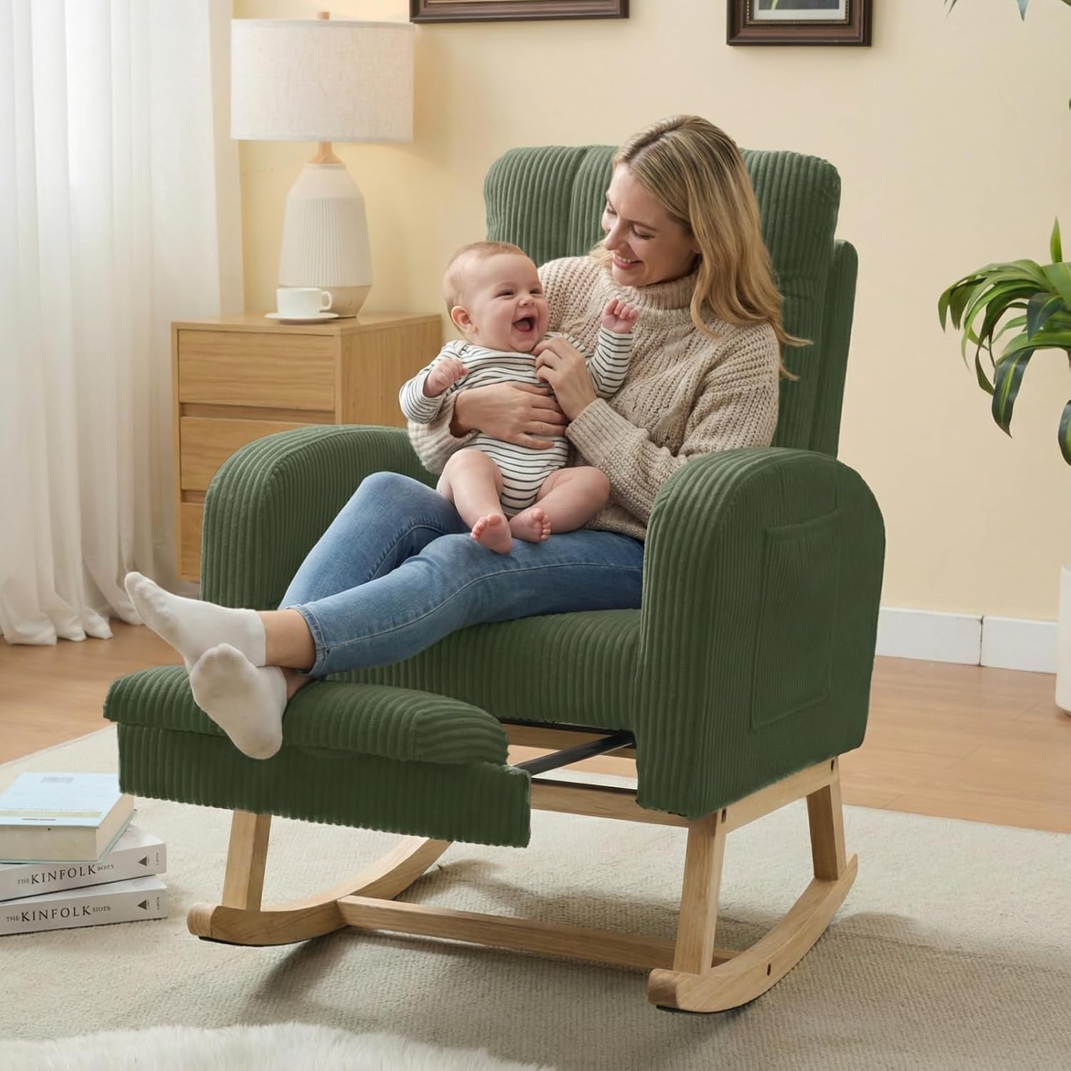 NIOIIKIT Nursery Rocking Chair, Corduroy Upholstered Rocking Chair with Adjustable Footrest, Tufted Rocker Chair with Side Pocket, Glider Rocker for Living Room, Bedroom (Green Retro)