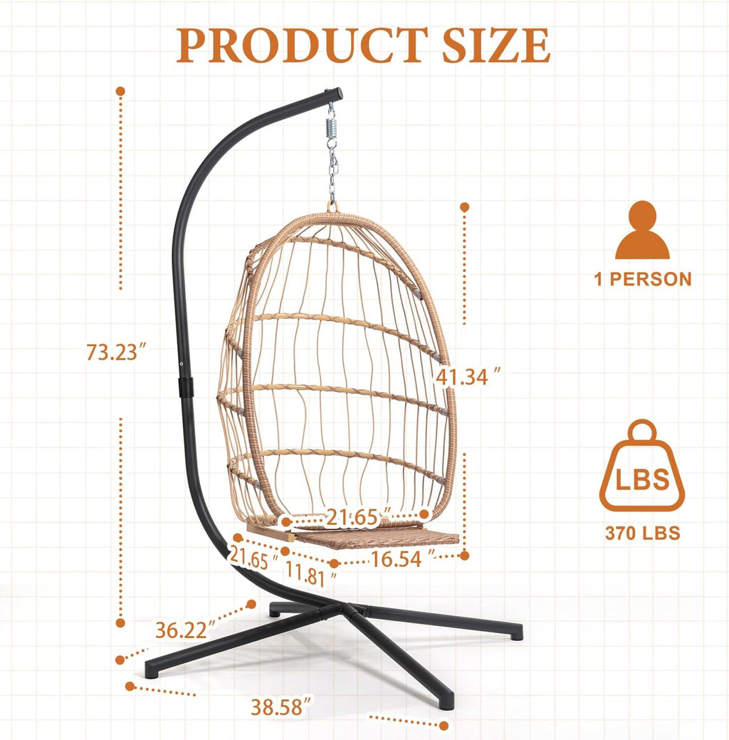 Hanging Egg Chair with Stand and Footrest for Indoor Outdoor - Patio Swing Egg Chairs Wicker Hammock Chair Bedroom, Aluminum Steel Frame and UV Resistant Cushion 370LBS Capacity for Kids Adults, Beige
