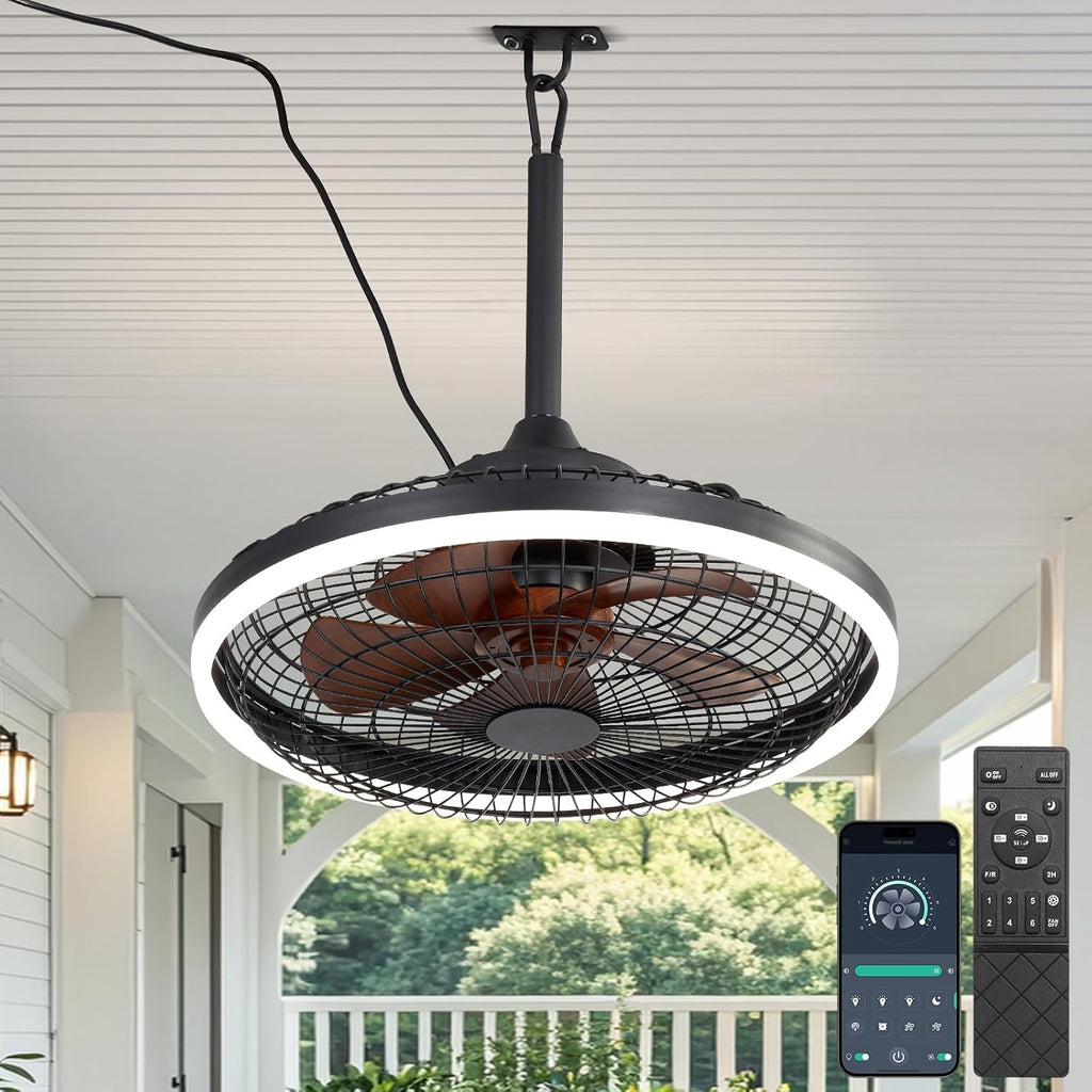 20' Waterproof Outdoor Ceiling Fan with Light Black Caged Gazebo Fans Outdoor Hanging for Patios Pergola Porch Gazebo, with Plug-in Cord, Dimmable LED Light, APP Remote Control, 6 Speeds