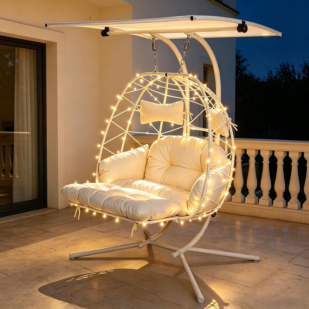 Double Egg Chair Outdoor with Stand & Canopy, 2 Person Hanging Egg Chair with Footrest, Oversized Rattan Wicker Egg Swing Chair for Bedroom Garden, 660Lbs (White with Light)