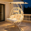 Double Egg Chair Outdoor with Stand & Canopy, 2 Person Hanging Egg Chair with Footrest, Oversized Rattan Wicker Egg Swing Chair for Bedroom Garden, 660Lbs (White with Light)